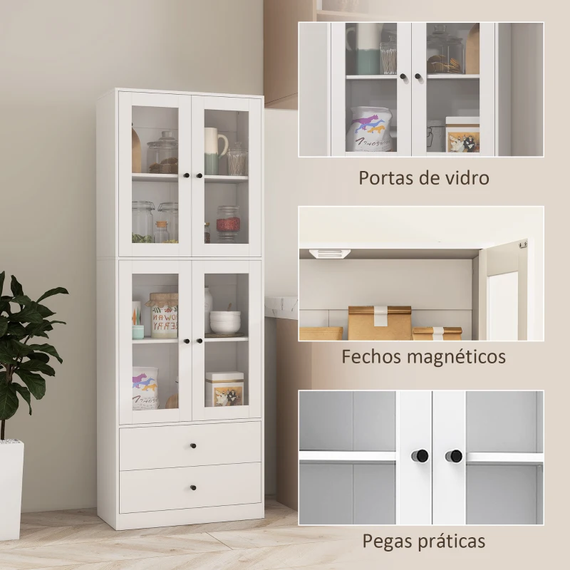 HOMCOM Armário de Cozinha Alto Móvel Auxiliar de Cozinha com 4 Portas de Vidro 2 Gavetas Prateleiras Ajustáveis 59x30x170 cm, Branco