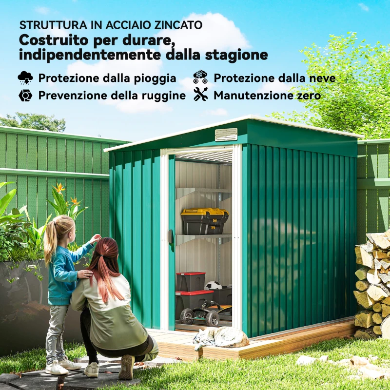 Outsunny Capanno Attrezzi in Metallo 1.5x2m con Base, Porta Scorrevole e Tetto Inclinato, Verde