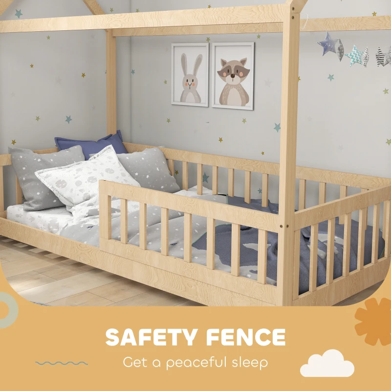 HOMCOM House-Shaped Kids Bed Frame with Guard Rails, Solid Pine Wood Single Bed Frame for Kids Boys and Girls, Natural
