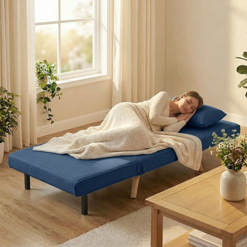 HOMCOM Sofá Cama Individual Estofado em Linho com Encosto Ajustável em 5 Posições e Almofada Sofá Cama Pequeno 72x75x85 cm Azul Escuro