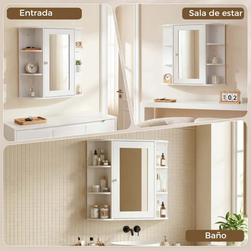 HOMCOM Armario de Baño con Espejo, Armario de Pared con Puerta, Estantes Abiertos, Mueble de Baño Colgar para Cocina, Salón, 66x17x63 cm, Blanco