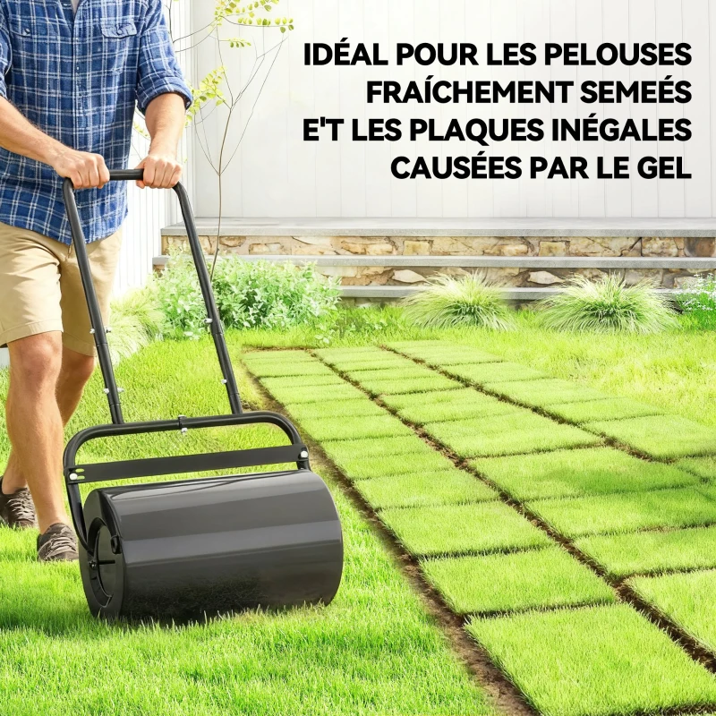 Outsunny Rouleau à gazon rouleau de jardin 50 cm, remplissage sable eau, poignée ergonomique, 58 x 32,5 x 113 cm, noir
