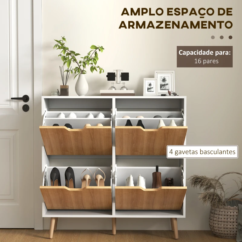 HOMCOM Sapateira para 16 Pares de Sapatos com 4 Gavetas e Prateleiras Ajustáveis 95x26x95 cm Branco e Madeira