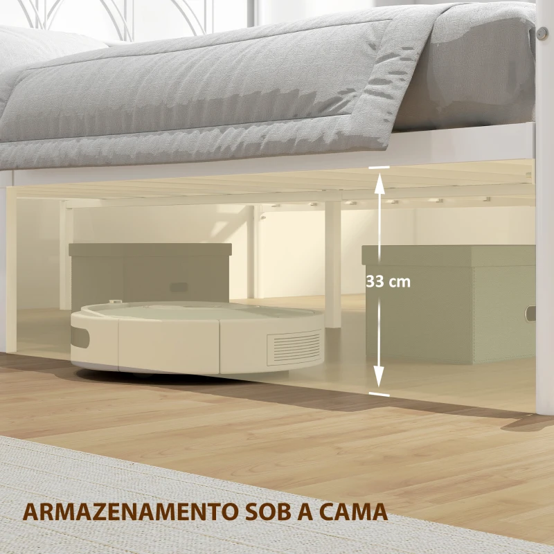 HOMCOM Cama de Casal com Cabeceira de Ripas de Aço e Espaço de Arrumação Debaixo da Cama Carga 330 kg 141,5x198x98 cm Branca
