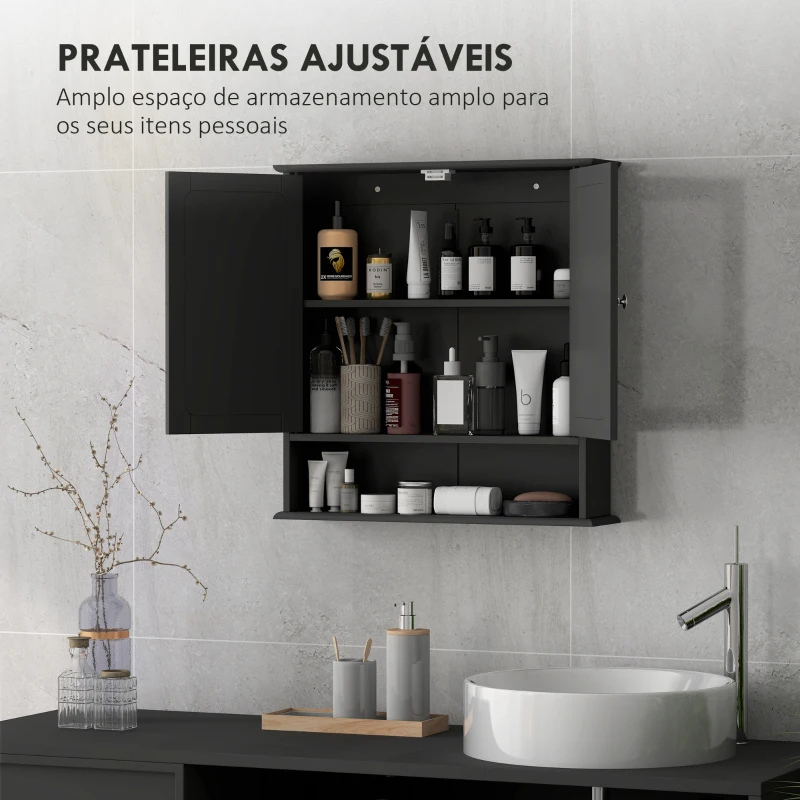 kleankin Armário de Casa de Banho com Espelho Armário de Parede com 2 Portas Prateleira Aberta e Ajustável 56x13x58cm Preto