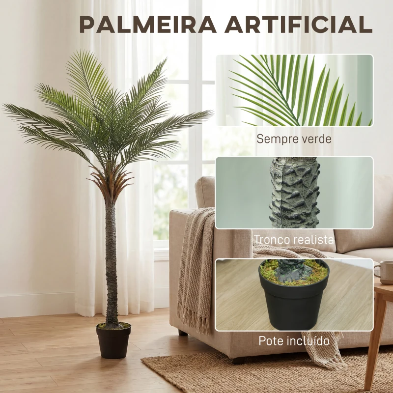 HOMCOM Planta Artificial Decorativa 180 cm Palmeira Artificial com Vaso e Folhas para Interior Verde