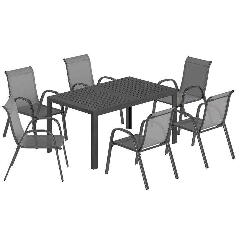 Outsunny Table de jardin extérieure avec 6 chaises empilables, plateau à lattes 150 cm structure en acier anti-rouille gris clair