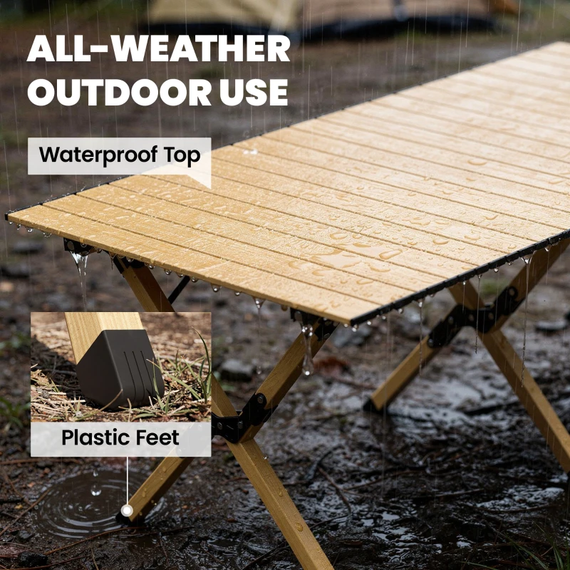 Outsunny Campingtisch 117 x 60 cm Aluminium Klapptisch mit Aufrollbare Tischplatte Holz-Optik Tragetasche wasserdicht