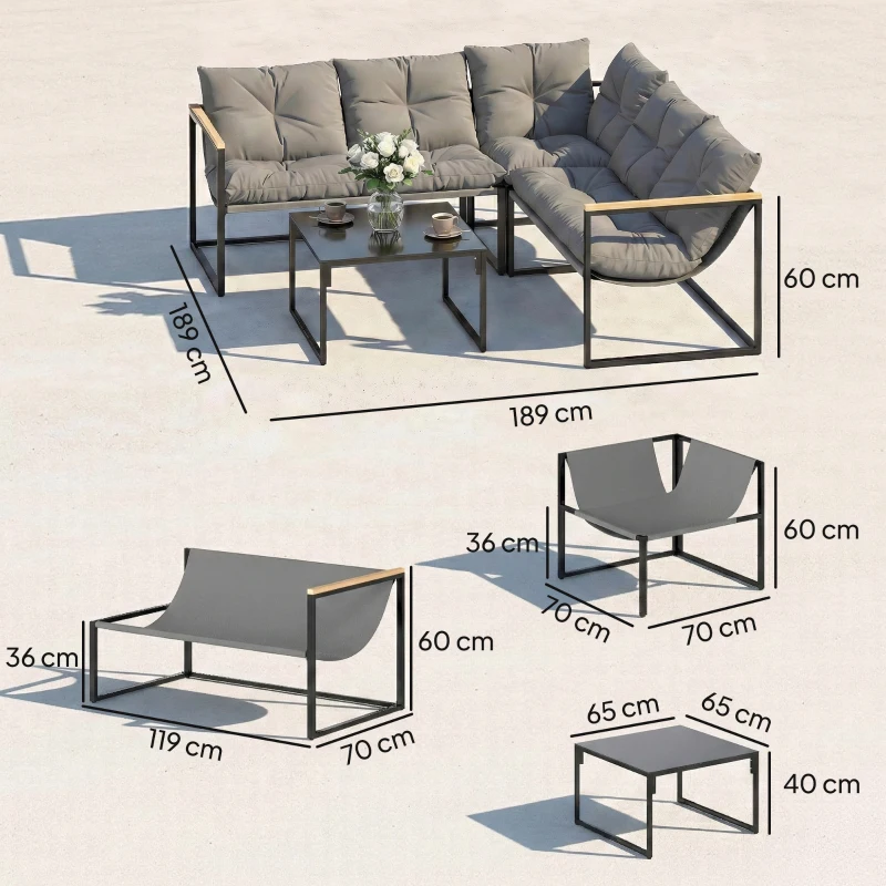 Outsunny Conjunto de Jardín Exterior con Cojines Gruesos 2 Sofás de 2 Plazas Sofá de Esquina y Mesa de Centro de Vidrio Gris