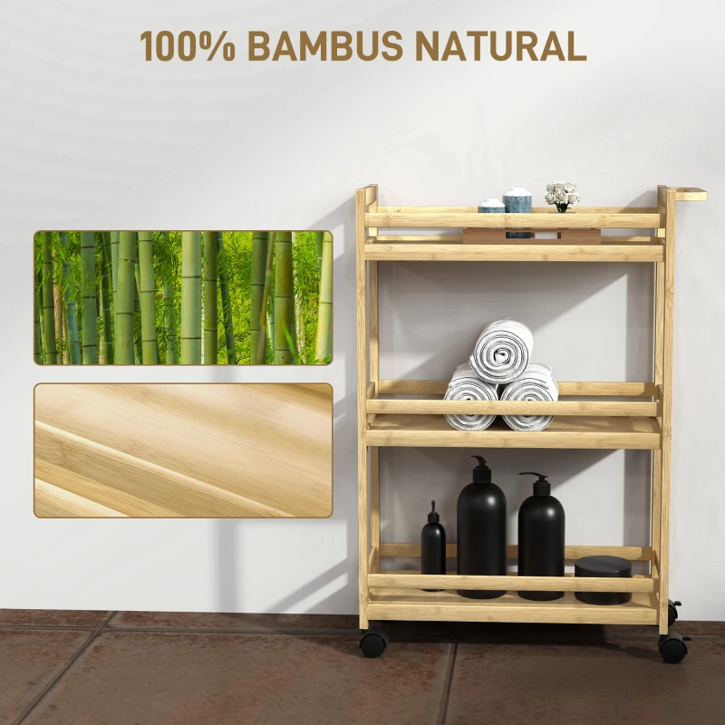 HOMCOM Raft de Baie din Bambus cu 3 Niveluri, Carucior Organizator cu Roți pentru Bucătărie, Baie, Living, 55 x 20 x 75 cm - Natural