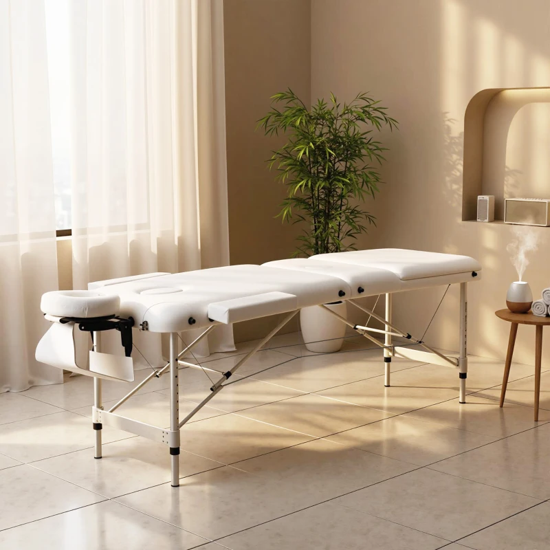 HOMCOM Table de massage 3 zones pliante cosmétique portable charge max. 225 Kg hauteur réglable cadre en alliage blanc