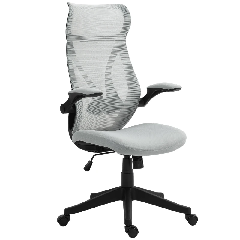 HOMCOM Cadeira de Escritório Giratória com Altura Ajustável Apoio para os Braços Dobráveis e Função Basculante 66x66x113-121 cm Cinza