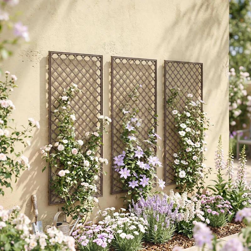 Outsunny Lot de 3 Treillis de jardin en osier tissé Panneau rectangulaire pour Plantes grimpantes 43 x 2 x 112 cm, effet bois naturel