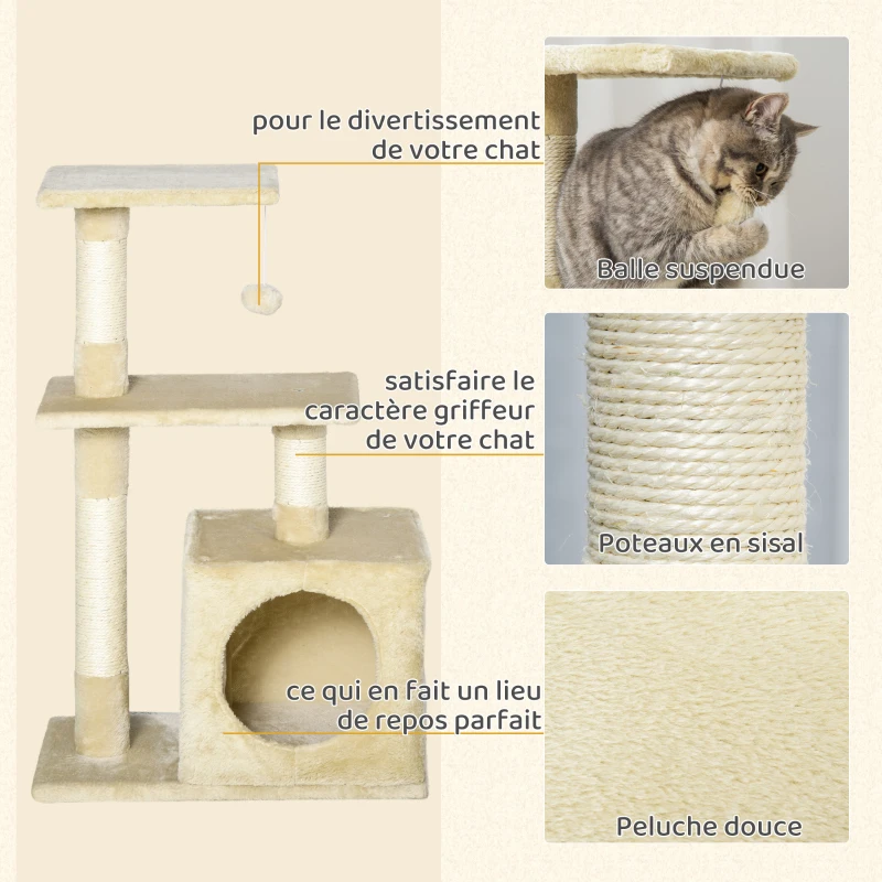 PawHut Arbre à chat tour de jeux pour chats poteaux en sisal, 2 plate-forme, niche, balle, tissu peluche, 50x30x81,5cm, beige