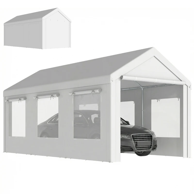Outsunny Garaje Exterior para Coche 3x6 m Impermeable de PE Resistente Marco de Acero Galvanizado Altura Ajustable Blanco