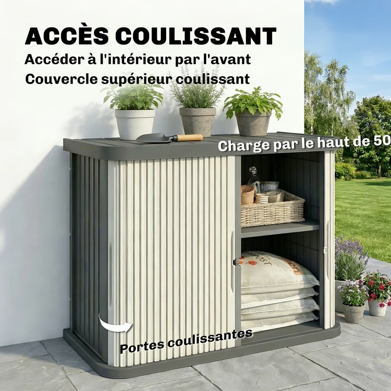 Outsunny Coffre de Rangement Extérieur 480 L, 2 Niveaux avec Portes Coulissantes Résistant aux UV, 120,5x59,5x92cm, Marron Clair