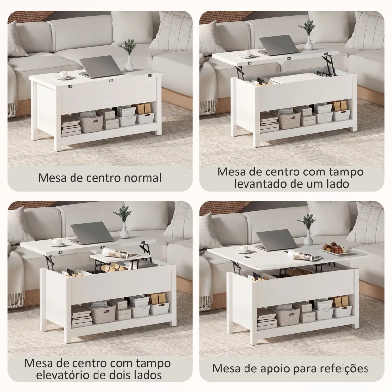 HOMCOM Mesa de Centro Elevatória e Extensível com Compartimentos Ocultos e Prateleira Aberta 100x90x64 cm Branco
