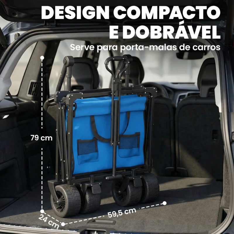 Outsunny Carrinho de Transporte com Rodas Grandes Travão Teto Amovível Carro Dobrável para Jardim com Barra Ajustável 125x59x133 cm Azul