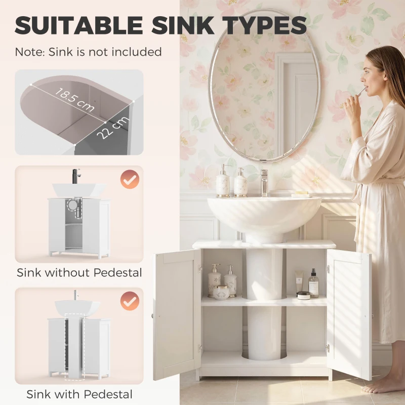 kleankin Under Sink Bathroom Cabinet, Freestanding Under Sink Cabinet with 2 Doors and Adjustable Shelf for Basin without or with Pedestal, White