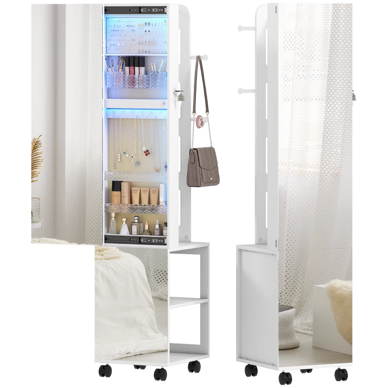 HOMCOM Espelho com Arrumação para Joias Luzes LED Armário para Joias com Rotação de 360° e Fecho com Chave 37x40x165,5 cm Branco