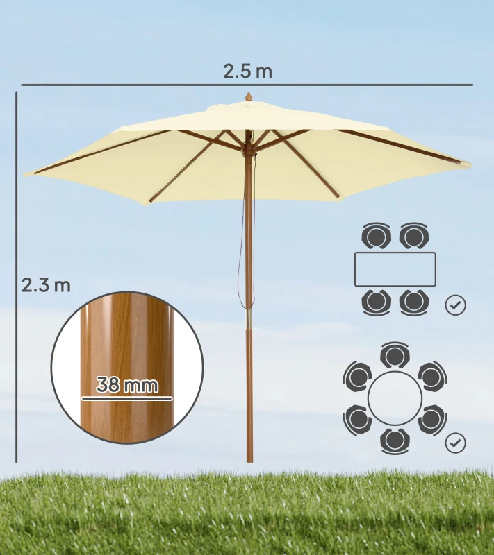 Outsunny 2.5m Wood Garden Parasol Sun Shade Patio Outdoor Wooden Umbrella Canopy, Table Market Umbrella with Vent, 38mm Pole, Rope Pulley Mechanism, Cream White