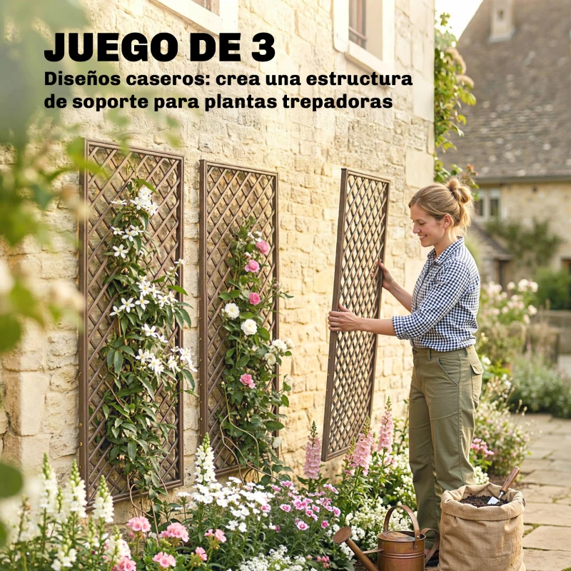 Outsunny Juego de 3 Enrejados de Jardín de Mimbre Soportes para Plantas Trepadoras con Parte Superior Plana 43x112 cm Natural