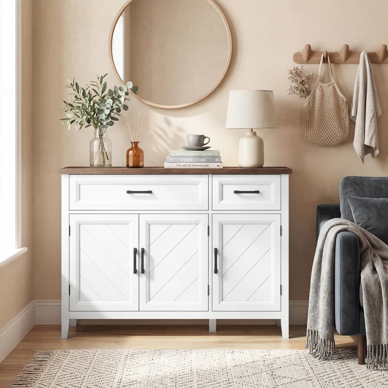 HOMCOM Sideboard, Aufbewahrung mit 3 Chevron-Türen, 2 Schubladen und 2 verstellbaren Einlegeböden, 110 x 35 x 80,5 cm, Weiß