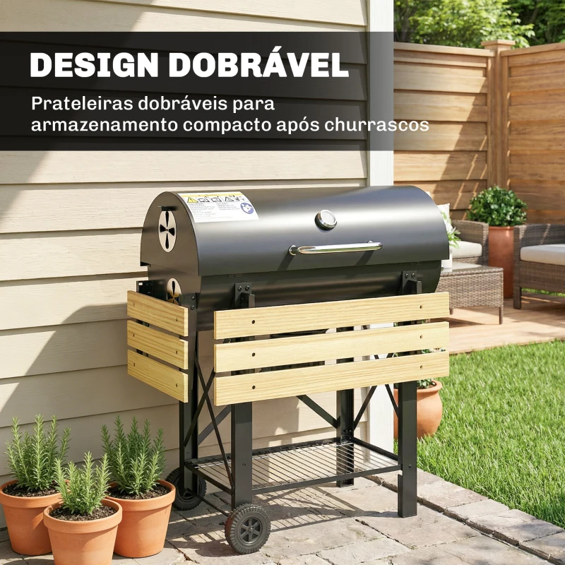 Outsunny Barbecue a Carvão Portátil Móvel com Prateleiras Dobráveis Termómetro Tampa Ventilações Ajustáveis 109x71x98 cm Preto