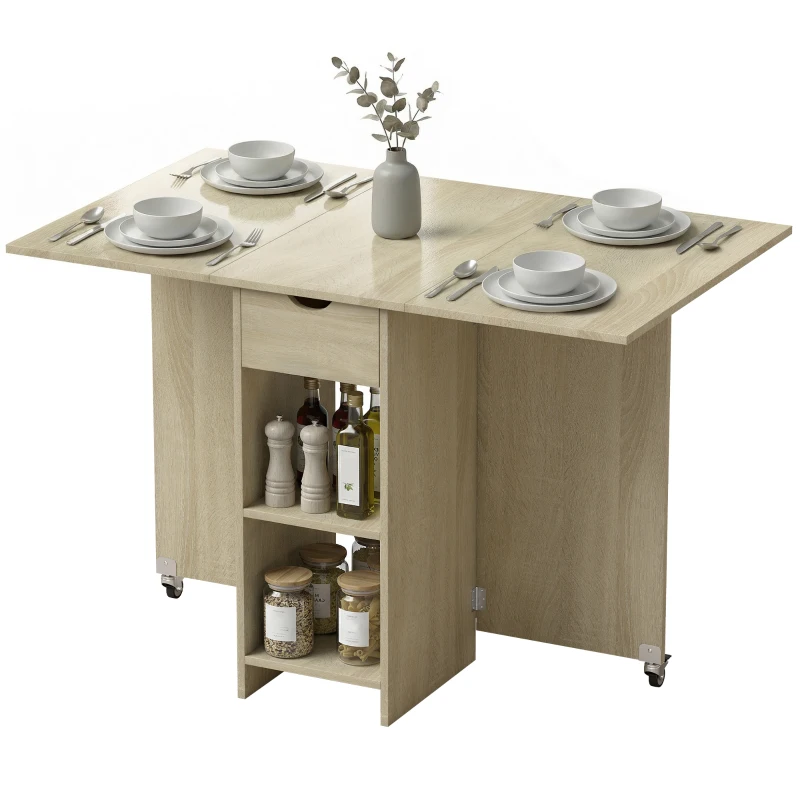 HOMCOM Mesa de comedor plegable para 2-4 personas, mesa con ruedas y compartimento abierto y cajón, ideal para espacios pequeños, natural