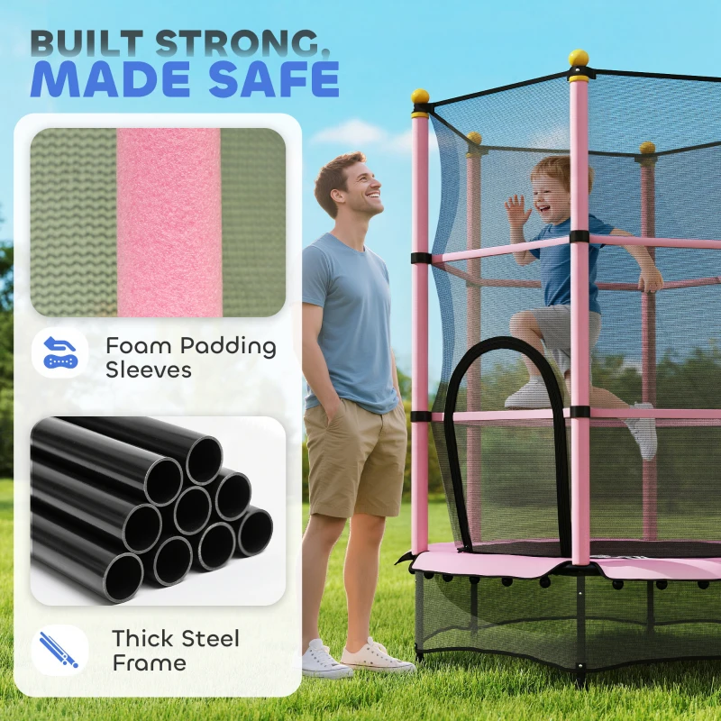 HOMCOM 4.6FT/55" Kids Trampoline with Enclosure Net, Outdoor Indoor Use, for Ages 3-10 Years, Pink