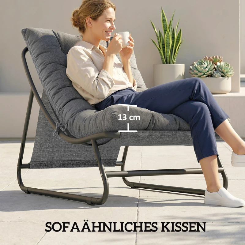 Outsunny Loungesessel Outdoor Balkonsessel mit Hocker 13 cm dicker Auflage rutschfesten Füßen Dunkelgrau