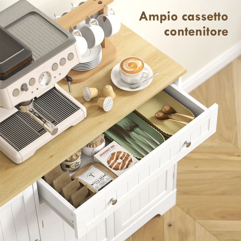 HOMCOM Credenza Moderna con Spazio di Archiviazione, Mobile Buffet con Cassetto, Ripiani Regolabili, Piccola Dispensa da Cucina con Ripiani Porta, Bianco