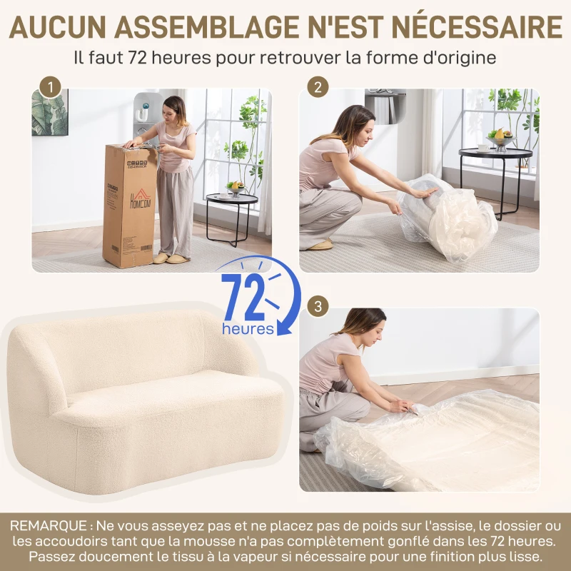 HOMCOM Canapé 2 places canapé en tissu bouclette 142 cm avec dossier et assise incurvés, aucun assemblage requis, beige