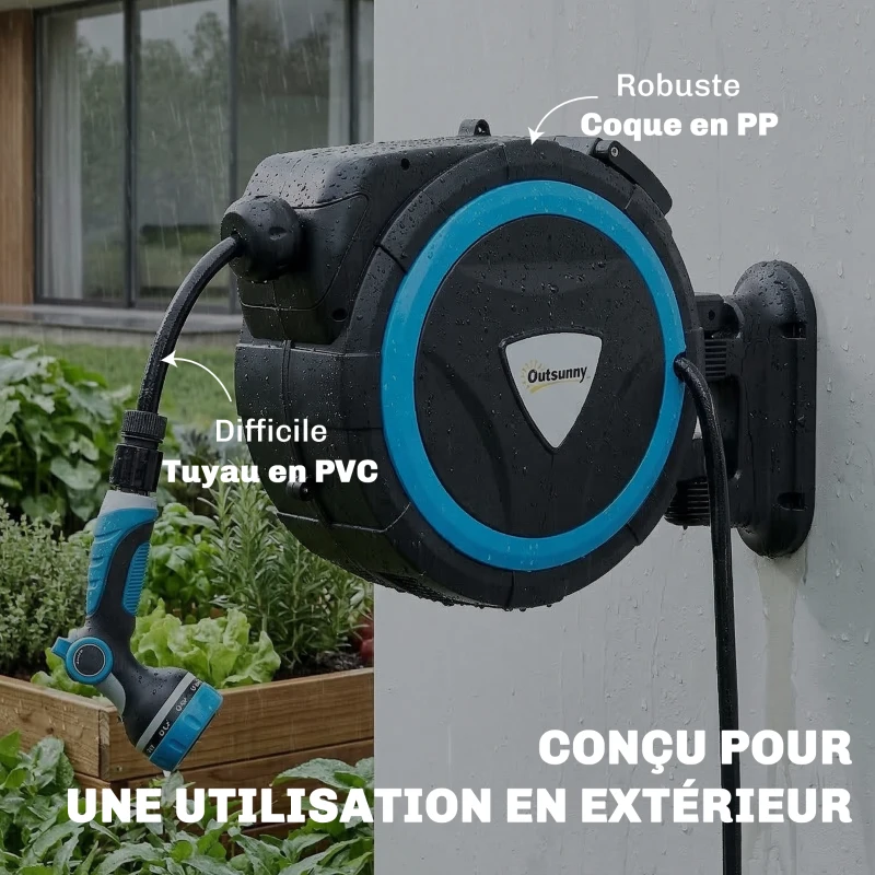 Outsunny Enrouleur Tuyau Arrosage Mural 14+1,5 m avec Verrou et Adaptateurs, Pivotant à 180°, 12 Pulvérisations, 49x15x37cm, Bleu