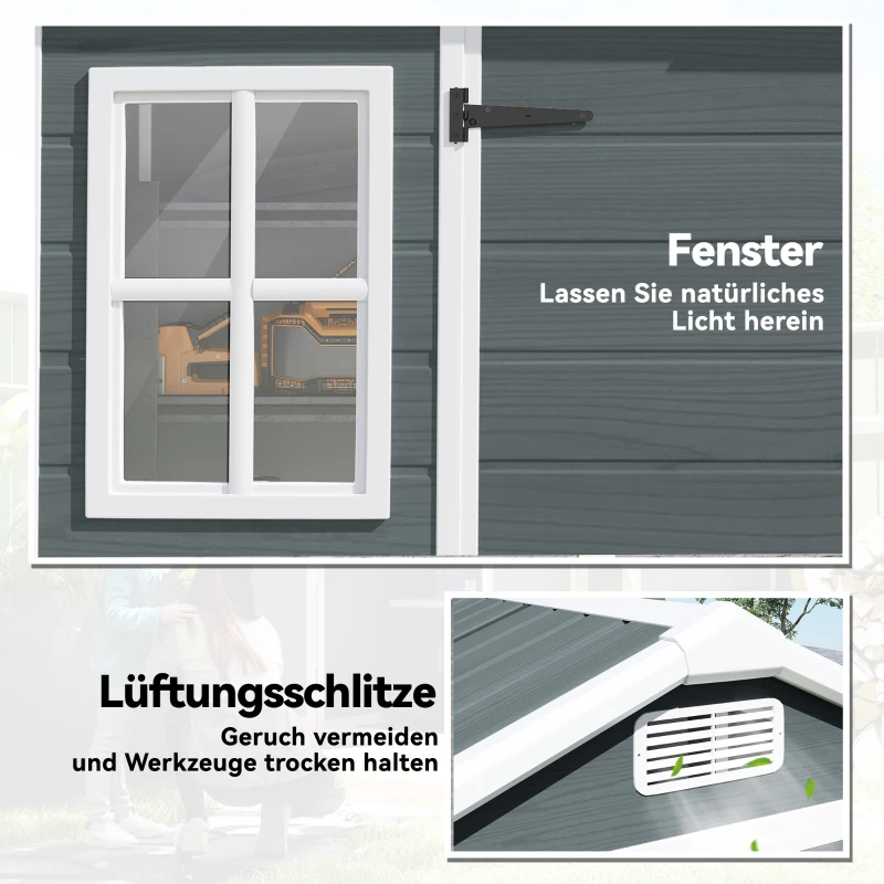 Outsunny Gerätehaus 2,77 m², Geräteschuppen mit Holzoptik 2 Fenster Doppeltür Belüftung Boden Schloss Handschuhe