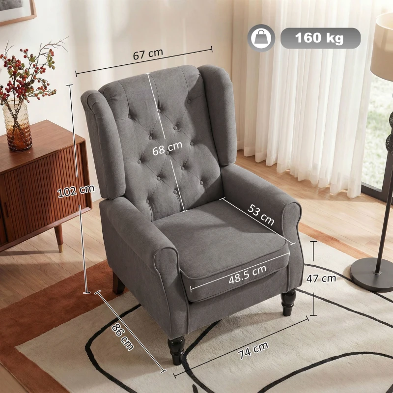 HOMCOM Wingback Accent Chair, High Back Armchair with Spring Cushion for Living Room, Bedroom, Retro Upholstered Reading Chair with Button Tufted Design, Thick Padded Seat and Solid Wood Legs, Dark Grey