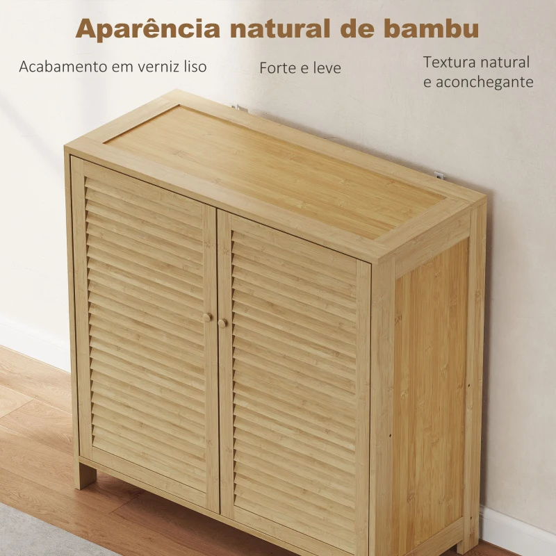 HOMCOM Armário para Sapatos de Bambu com Portas de Ripas Capacidade para 14 Pares Prateleiras Ajustáveis Madeira