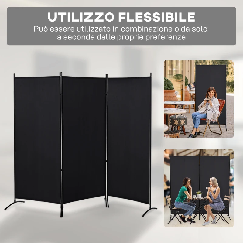 HOMCOM Paravento Separé da Interno a 3 Pannelli Pieghevole in Metallo e Poliestere, 253x50x182 cm, Nero