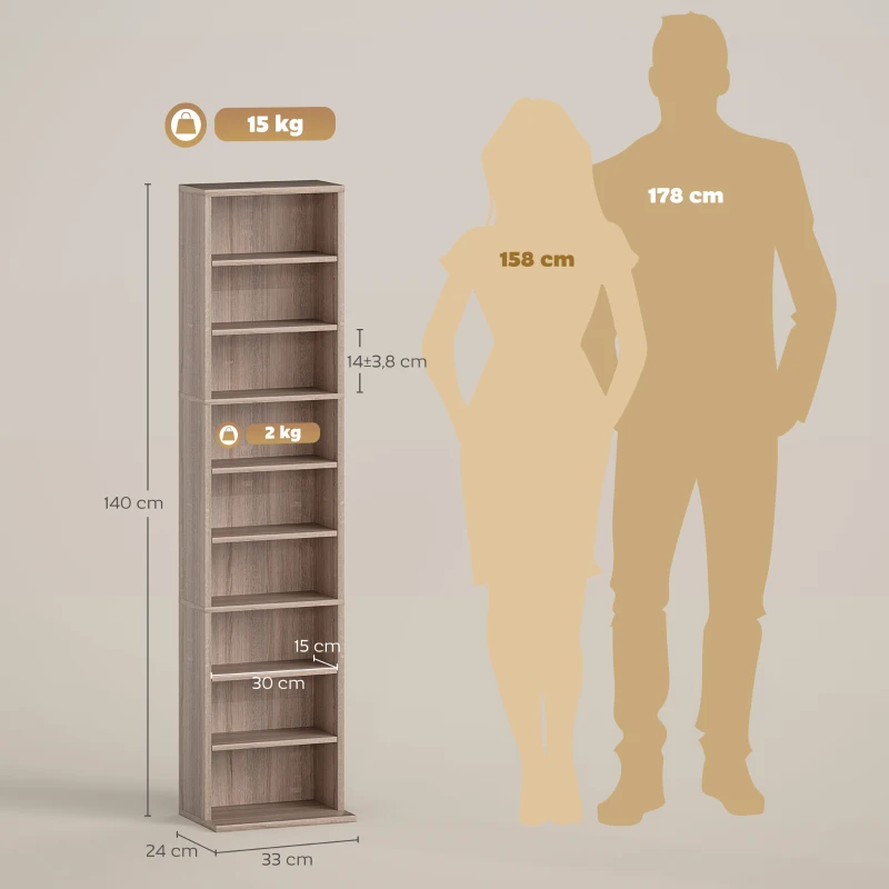 HOMCOM Estante para CDs e DVDs Suportes para CD Estreitos com 9 Compartimentos Prateleiras Ajustáveis 33x24x140 cm Madeira