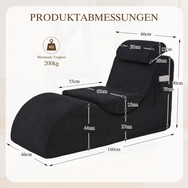 Moderner Freizeit-Sessel mit ergonomischer Rückenlehne, abnehmbarem Sitzkissen und Seitentasche, 160 x 66 x 90 cm, Schwarz