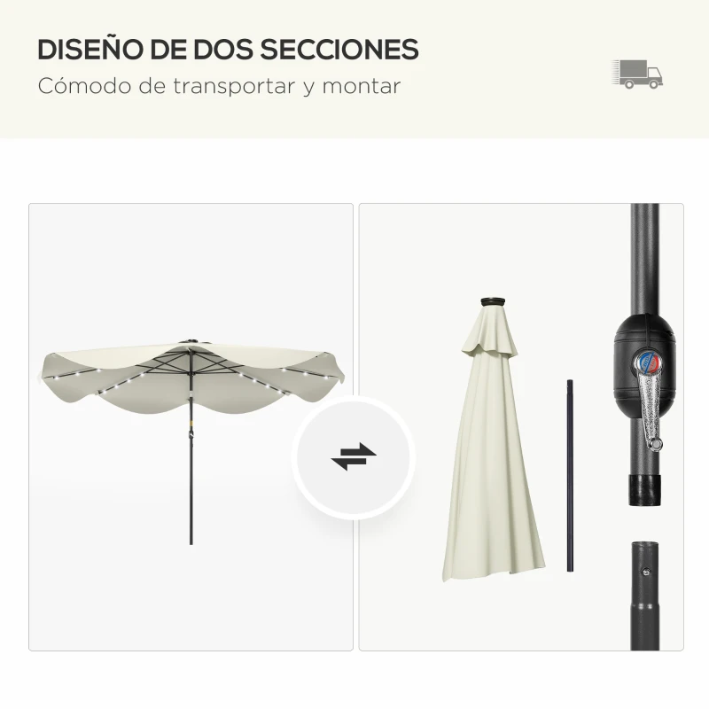 Outsunny Sombrilla de Jardín Manual Ø292x254 cm con 32 Luces LED Solares 8 Varillas Impermeable y Rejillas de Ventilación Crema