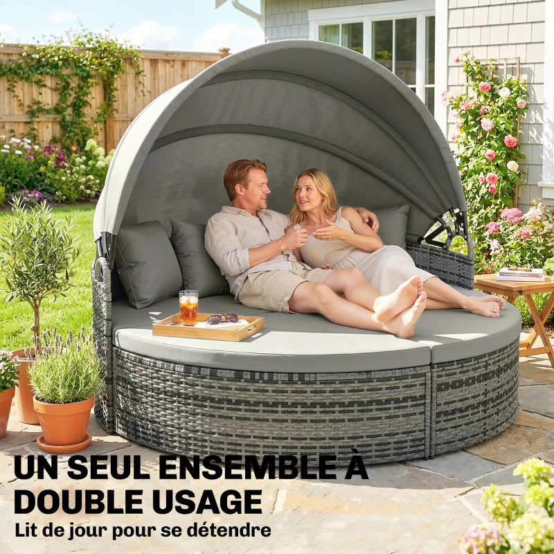 Outsunny Bain de soleil rond, lit de jardin extérieur modulable 3 PSC en résine tressée avec auvent rétractable, gris clair