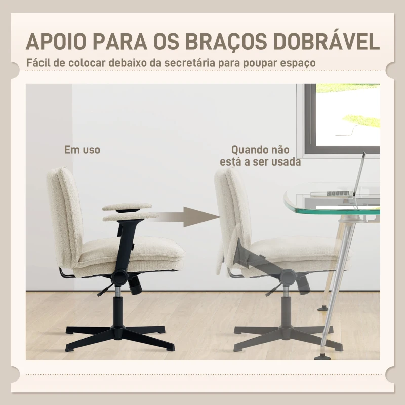 HOMCOM Cadeira de Escritório com Apoios de Braço Rebatíveis Assento  Altura Ajustável  Função Basculante 76x70x85-97 cm Creme