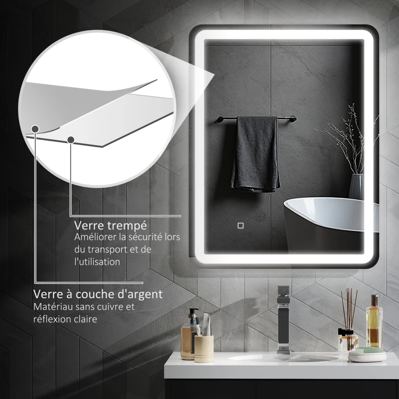 HOMCOM Miroir de salle de bain rectangulaire LED fonction anti-buée luminosité réglable fonction mémoire 70 x 90 cm argent