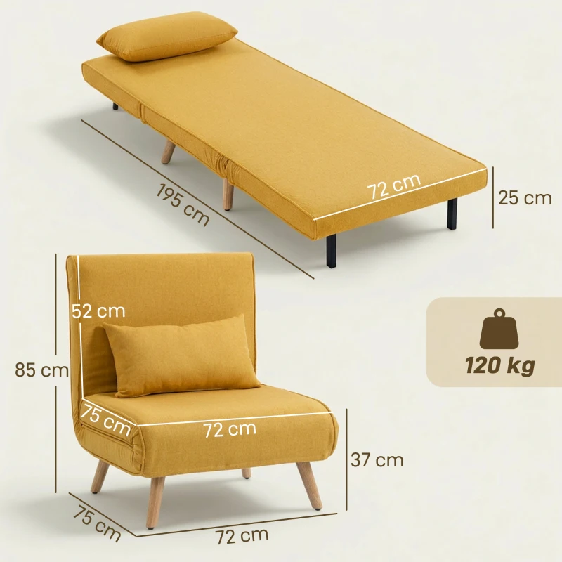 HOMCOM Sofá-Cama Individual Dobrável com Encosto Ajustável em 5 Posições, Sofá-Cama Estofado com Almofada 72x75x85 cm Amarelo