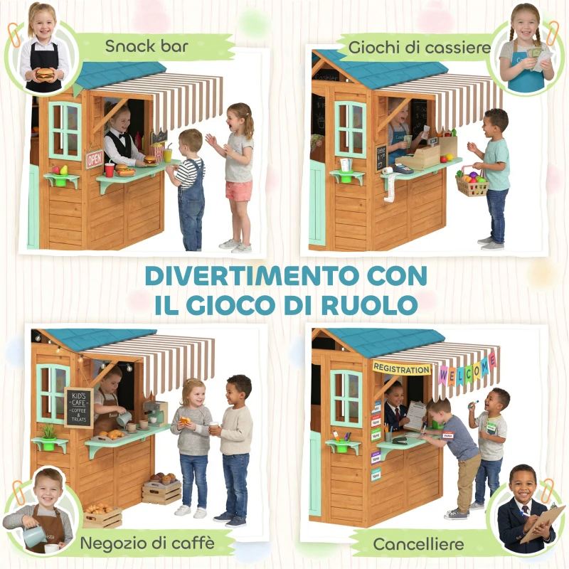 AIYAPLAY Casetta da Giardino per Bambini Finestra, Snack Bar, Mezza Porta, Portavasi, Telo Bersaglio, 4 Palline, Lavagna