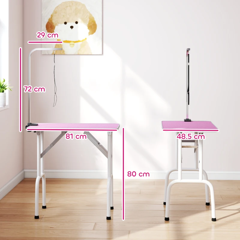 PawHut 32" Foldable Dog Grooming Table Pet Drying Beauty Table Adjustable Fixed Arm Rubber Top, Pink