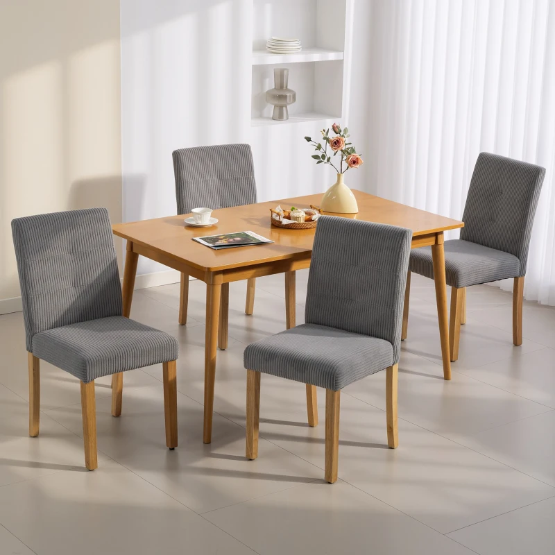 HOMCOM Pack de 4 Sillas de Comedor Respaldo Alto Tapizadas en Pana Asiento Acolchado Patas de Madera para Salón Gris