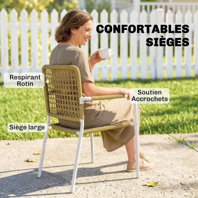 Outsunny Lot de 2 Chaises de Jardin Empilables en Résine Tressée avec Accoudoirs et Dossier, 55x57x82cm, Jaune