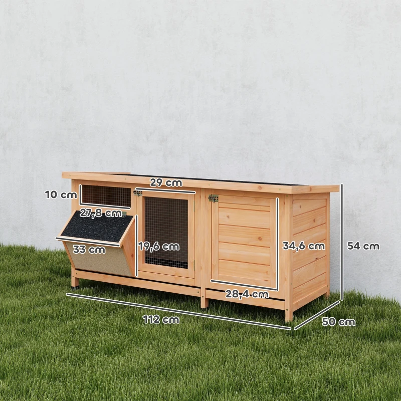 PawHut Clapier sur pied cage à lapin avec toit bitumé ouvrant 2 portes verrouillables 2 tiroirs à déjection coulissants mangeoire bois de sapin traité dim. 112L x 50l x 54H cm bois naturel et noir